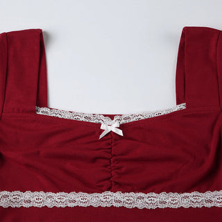 Square-Neck Lace-Trim Bow Accent Slim-Fit Top