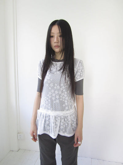 Star Print Lace Top With Drawstring Waist