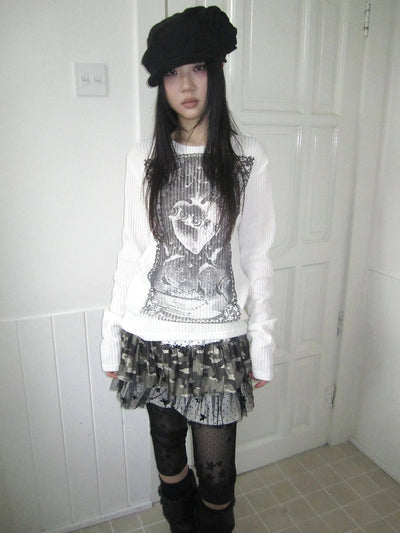 Vintage Print Knit Sweater Long Sleeve Autumn Elastic