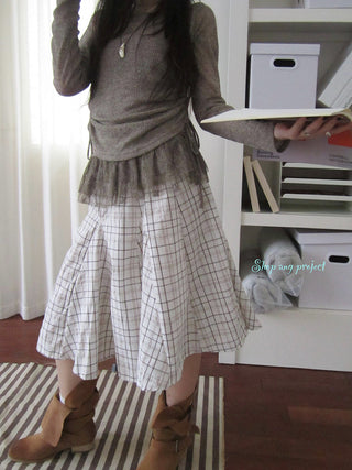 Vintage Plaid Pleated Midi Skirt