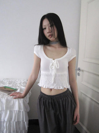 U Neck Tie Front Stretch Cotton Slim Fit Cropped Tee