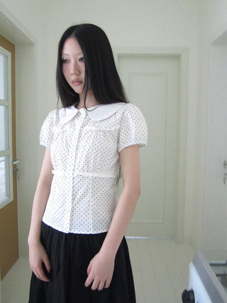 Floral Lace Trim Dot Print Short Sleeve Blouse
