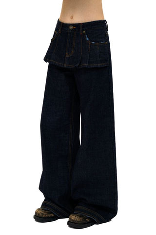 [Moromoro2] Distressed Pleated Skirt Hem Denim  Pants