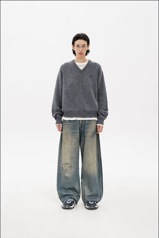 [MASONPRINCE] Double-Sided Jacquard V-Neck Wool Blend Sweater