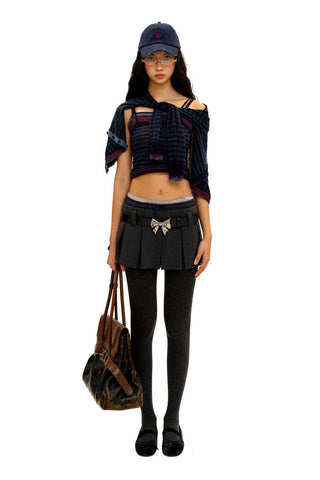 [Moromoro2] Striped Mesh Lace Knit Set