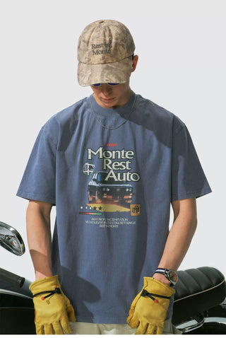 [Monterest] Washed Cotton Racing Print T-Shirt