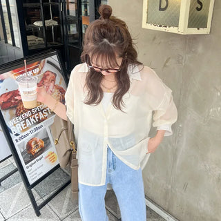 Drop-shoulder sheer shirt