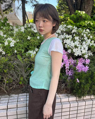 See-through two-tone short-sleeve T-shirt