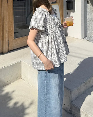 Front Ribbon Check Puff Sleeve Top