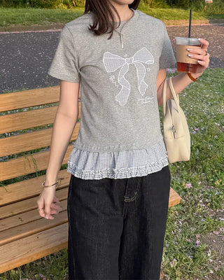 Checked ribbon frill short-sleeved T-shirt