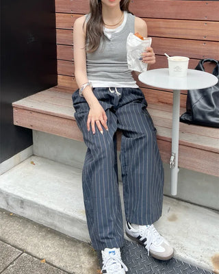 Striped wide banding pants