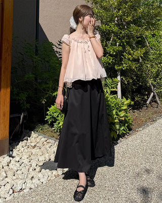 Frilled ribbon chiffon off-shoulder blouse