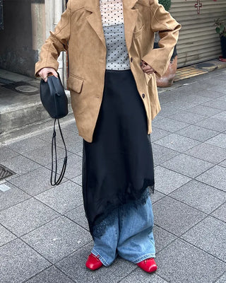Satin lace long skirt