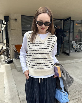Openwork striped V-neck vest