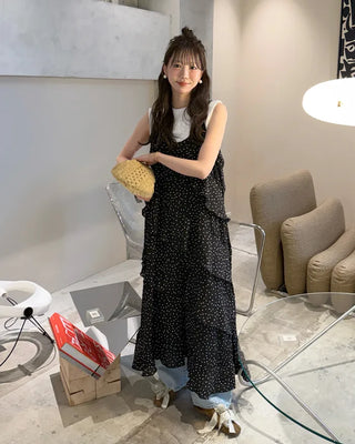 Wrinkle Dot Frill Long Dress