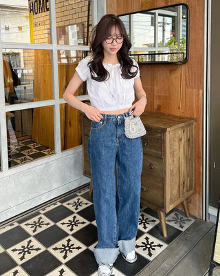 Rolled-up denim wide-leg pants