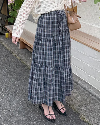 Checked banded long skirt