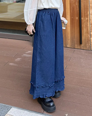 Frilled denim cotton wide-leg pants with elastic waistband