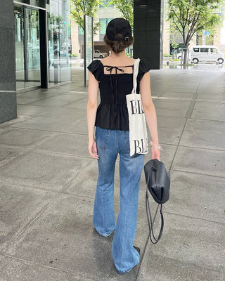 Frilled square neck shirred blouse