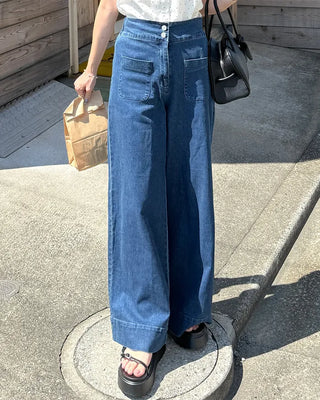 Pocket Two-Button Wide Denim Pants