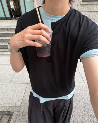 Henley neck simple short-sleeved T-shirt