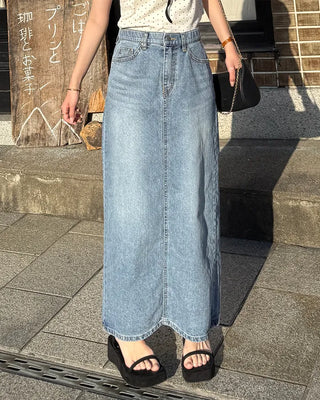 H-line elastic waist long denim skirt