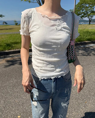 Flower Sheer Scallop Short Sleeve T-Shirt