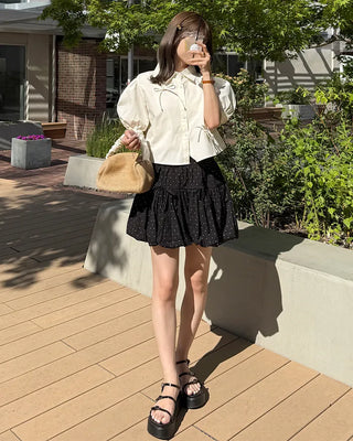 Drawstring Ribbon Asymmetrical Short-Sleeve Shirt