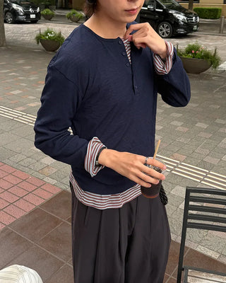 Henley neck summer long-sleeved knit