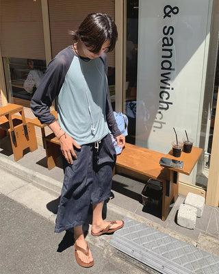 Summer knit raglan bicolor long-sleeve T-shirt