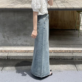 Front slit denim long skirt