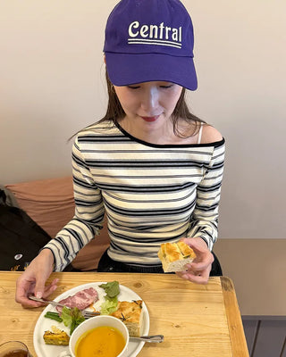 Half-off-shoulder striped T-shirt