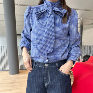 High-neck tie blouse