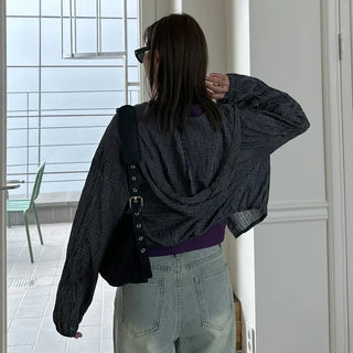 Checked string hooded shirt