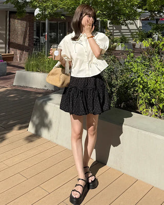 Ribbon Point Dot Pattern Balloon Fit Mini Skirt
