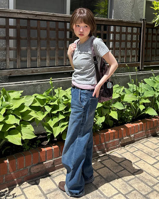Henley Neck Flower Short Sleeve T-Shirt
