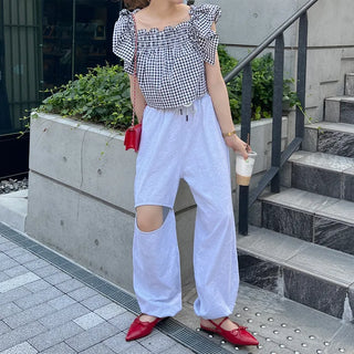 Gingham check frill blouse