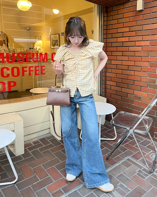 Checked Shirred V-Neck Blouse