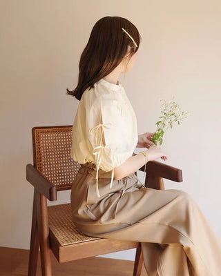 (ORIGINAL) Henley Neck Ribbon Balloon Blouse