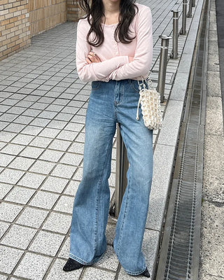 Half-open neck simple ribbed long-sleeve T-shirt