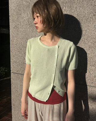Asymmetrical Button Short Sleeve Knit