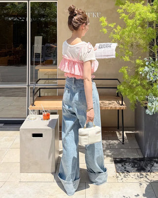 Rolled-up wide-leg denim pants