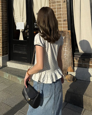 Dot neck string short-sleeved T-shirt