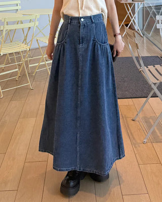 Elastic waist pocket midi denim skirt