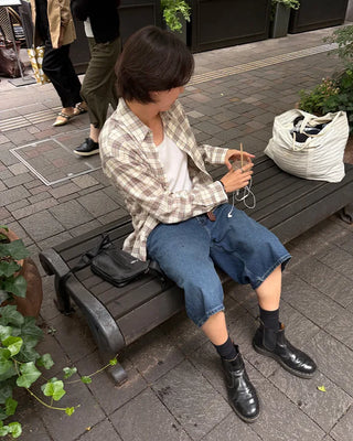 Oversized seersucker check long-sleeved shirt