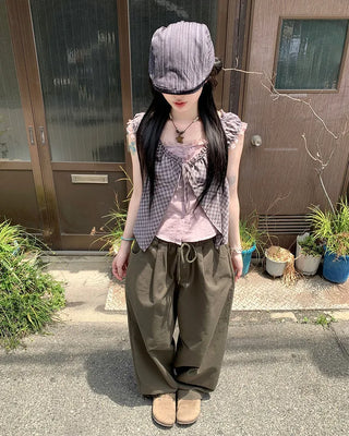 Checked layered off-shoulder blouse
