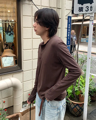 Fingerhole Henley Neck Long Sleeve T-Shirt