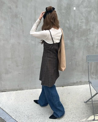 Shirred check sleeveless mini dress