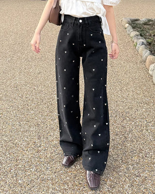Heart-patterned denim pants