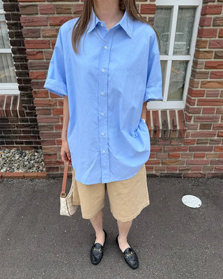 (Unisex) Oxford Overfit Half Sleeve Shirt